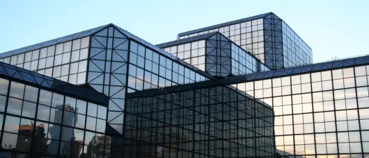 Javits Center in Manhattan, New York City, with glass facade and modern design