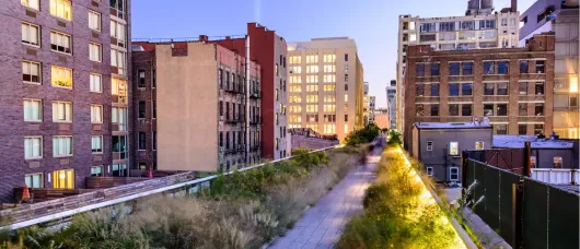 High Line Park in Manhattan, New York City, with elevated walkway and greenery